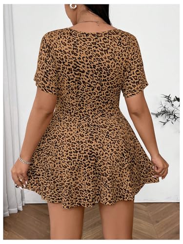 Image of WDIRARA Women's Plus Size Leopard Print Dress Square Neck Short Sleeve Ruffle Hem A Line Dress