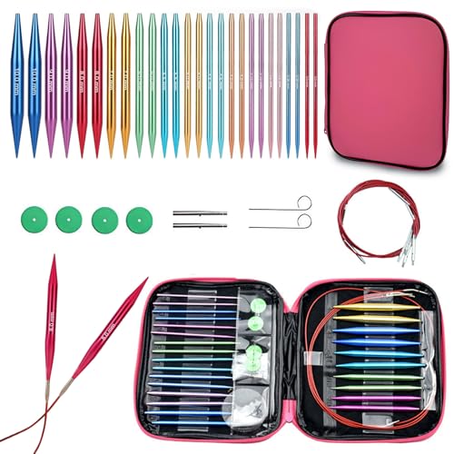 Hsyan 13 Paires Aiguilles Circulaires Tricot, Aiguille Circulaire Interchangeable, Aiguilles à Tricoter en Aluminium 10 cm, Diamètre 3-10mm avec 4 Câbles Un...