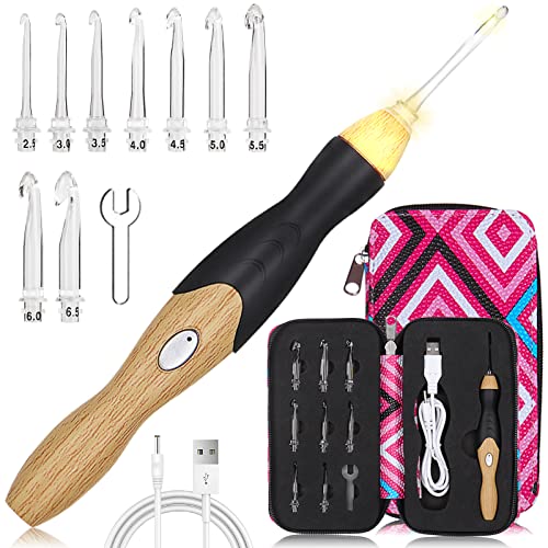 Coopay Light Up Crochet Hook Set with Case, Two-Stage Adjustment Lighted Crochet Hook Set Interchangeable Crochet Hooks 2.5-6.5mm, Rechargeable LED Crochet Set Electric Crochet Needles for Crocheting