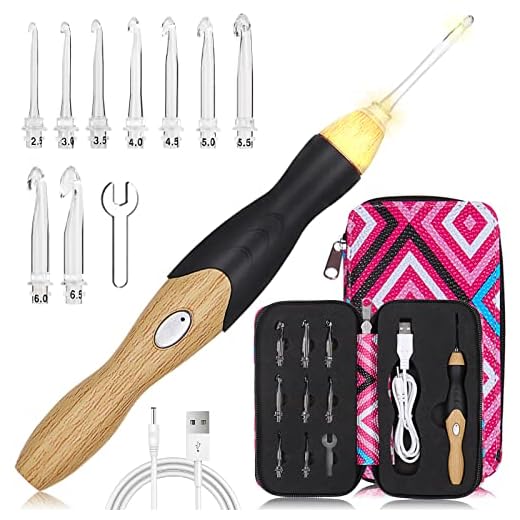Coopay Light Up Crochet Hook Set with Case, Two-Stage Adjustment Lighted Crochet Hook Set Interchangeable Crochet Hooks 2.5-6.5mm, Rechargeable LED Crochet Set Electric Crochet Needles for Crocheting