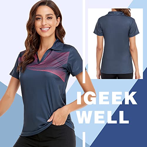 Igeekwell Womens Golf Shirt Collared Pattern Print Short Sleeve Polo Shirts Moisture Wicking V Neck Tennis Sport Tops Fit #TOP1