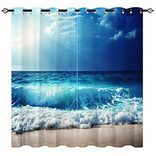 YUANZU Beach Curtains, Ocean Theme Tropical Summer Hawaiian Blue Sea Waves Scenery Pattern Eyelet Thermal Insulated Blackout 3D Print Window Drapes for Bedroom Living Room 2 Panels W75cm x D166cm