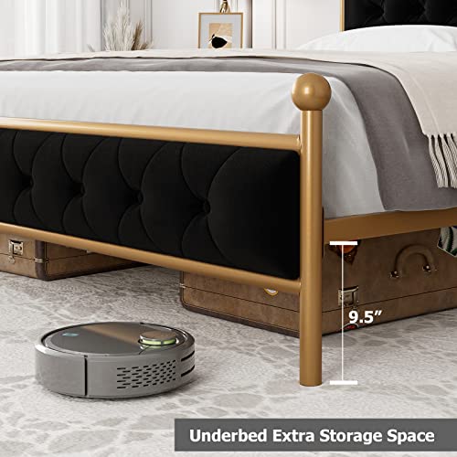 Luxury Queen Size Platform Bed Frame with Tufted Headboard & Velvet Upholstery