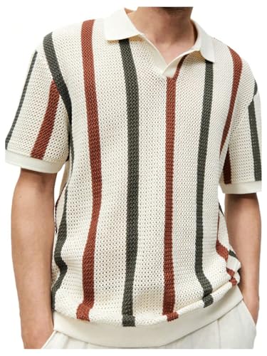 Men's Striped Sweater Casual Short Sleeve Collared Knit Pullover Tops3