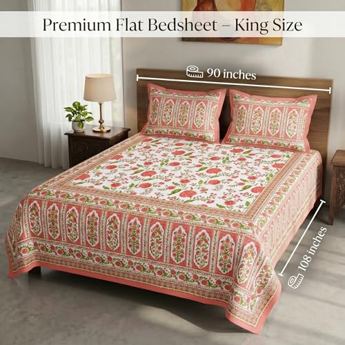Image of Mafatlal 144 TC Heritage 100% Pure Cotton Jaipuri Bedsheet with Pillow Covers(90x108 inches) | Soft & Breathable Fabric | Traditional Floral Print | Color Burst
