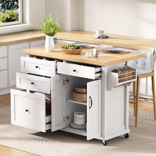 Kebnor Isla de cocina móvil con ruedas y mesa de comedor extensible, carrito de cocina con cajones multifunción, ideal para cocina y comedor (blanco)