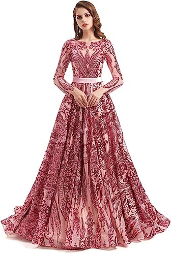 Ikerenwedding Prom Ball Gown Sequin Long Sleeves Lace-up Pageant Dress Pink