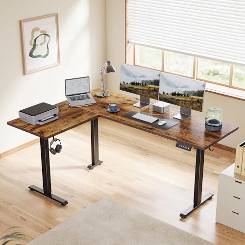 Image of Agilestic L Shaped Standing Desk 63 inch Adjustable Height, Electric Corner Standing Desk, Sit Stand Computer Table with Splice Board, Rustic Brown