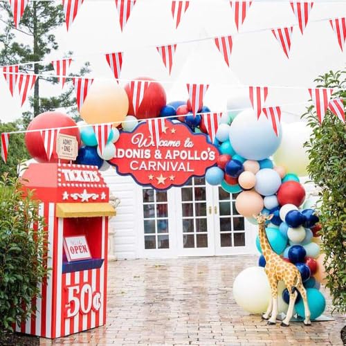 Image of RUBFAC 170ft 120pcs Red and White Striped Pennant Banner, Carnival Circus Decorations Supplies, String Triangle Bunting Flags, Kids Birthday, New Year Eve Celebration Supplies