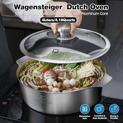 WAGENSTEIGER 4.18Quarts Stainless Steel Sauté pan Casserole Pot with Tempered Glass Lid, 3-Ply Construction with Aluminum Core, Stylish Design, Brushed Finish, Minimalist Design - Image 3