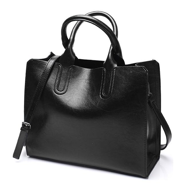 Bolsa De Couro PU Feminino Bolsa De Mão Resistente Com Alça (Preto)