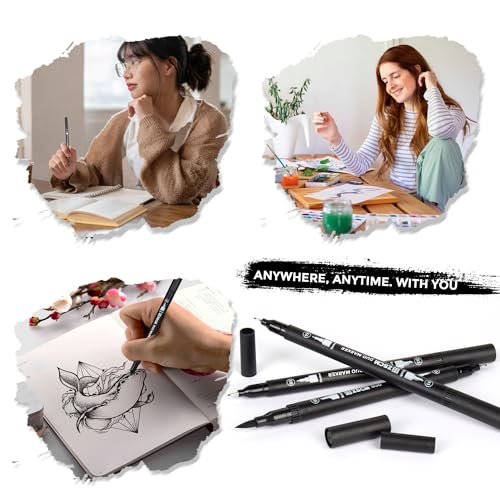 ZSCM Black Duo Tip Marker Pens, 12 Pack Fine & Brush Markers for Adult Coloring Books No Bleeding, Jet Black Markers for Outlining, Sketching, Japanese Manga, Calligraphy and Graphic Novels