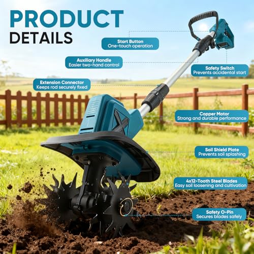 Akku Bodenhacke für Makita 18 V Akku, Motorhacke mit bürstenlosem Motor, Gartenhacke Elektrisch höhenverstellbar, Arbeitsbreite 20 cm, Arbeitstiefe 15 cm, für Beet, Acker & Landwirtschaft(Ohne Akku)
