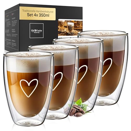 ElbFuchs® Tasses double paroi [4x 350ml] IDÉE CADEAU avec COEUR | Verre double paroi idéaux comme tasse cappuccino ou verre latte macchiato | Tasse à café...