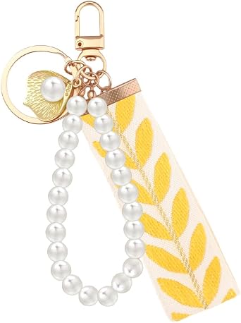 Pearl Ribbon Keychain for Women Purse Bag Charm Faux Pearls Chain Leaf Pattern Keychains Cute Pearl-Shell Stuff