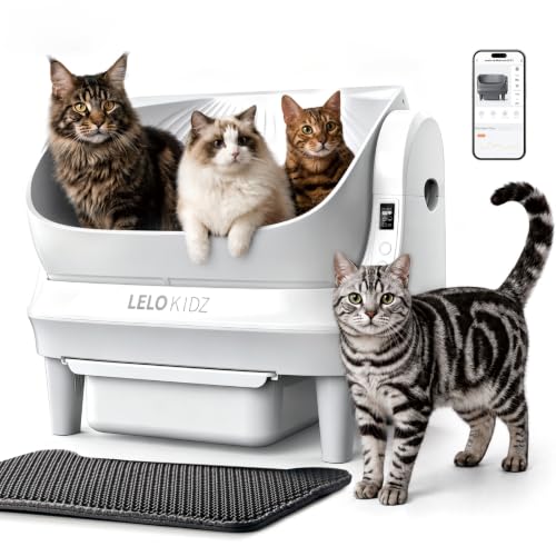 Image of Self Cleaning Litter Box, Open Top 105L Automatic Litter Box for Multiple Cats, App Control, Safety Sensor, Anti-Pinch, Includes Mat & Liner - White