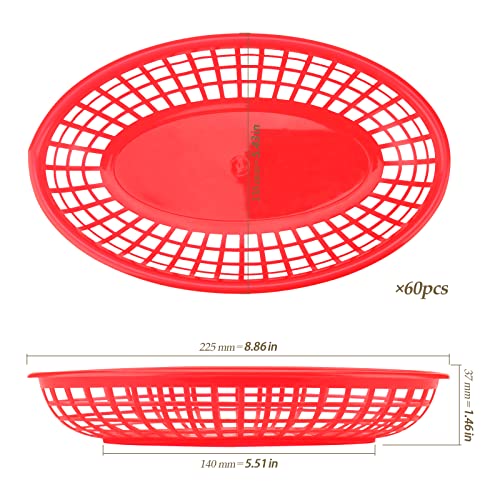 HEIHAK 60 Pack Red Plastic Oval Fast Food Baskets - 9x5.7x1.6 Inch, Perfect for Picnic, Deli Serving, Chicken, Burgers and Fries