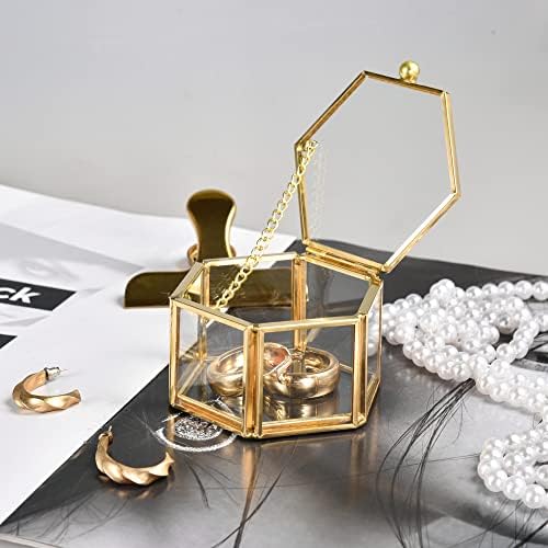 Feyarl Gold Glass Jewellery Box Tiny Trinket Box Ornate Earring Ring Box Artificial Flower Petals Decorative Box Valentine Wedding Birthday Christmas Gift (Small)