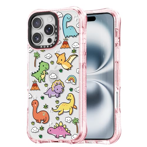 Rosarnnah for iPhone 16 Pro Max Case Aesthetic Pink, Dinosaur Land