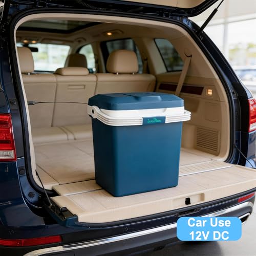 Image of Iceblue Electric Cooler, 26 Liters /28 Cans Mini Fridge with Automatic Locking Handle, 120V AC Home Power Cord & 12V Car Adapter Car Refrigerator, Car Fridge for Home, Car, Gift (Blue)
