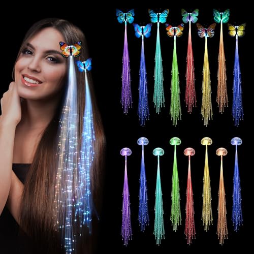 Ainiv 16PCS LED Fairy Hair Accessories Butterfly Jellyfish Flashing Fiber Optic Hair Braid with Clips Glow in the Dark Braiding Hair Light Up Party Favors Supplies for Birthday Halloween Christmas