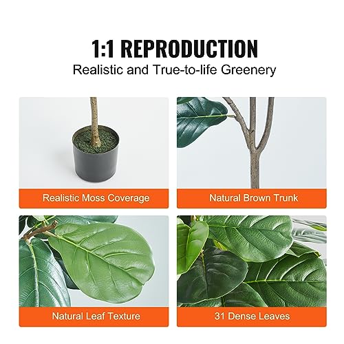 Image of VEVOR Artificial Fiddle Leaf Fig Tree, 5 FT, Secure PE Material & Anti-Tip Tilt Protection Low-Maintenance Faux Plant, Lifelike Green Fake Potted Tree for Home Office Warehouse Decor Indoor Outdoor