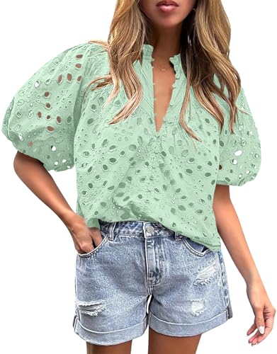 BETTE BOUTIK Women's Long Short Sleeve Tops 2025 Dressy Casual Button Hollow Out Lace Embroidered Blouses Shirts