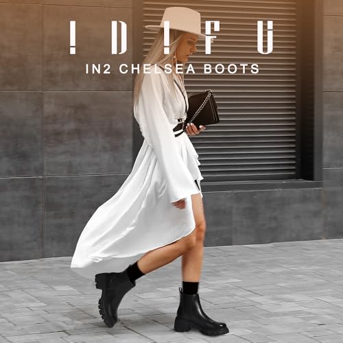 IDIFU IN2 Chelsea Ankle Boots for Women Low Block Chunky Women's Boots Round Toe Short Heeled Ankle Booties Fashion Cute Comfort Trendy Dress Booties Fall Lady Slip On Lug Sole Boots2