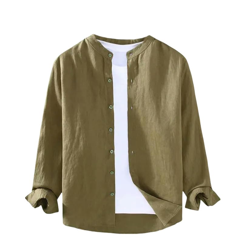 Primavera Estate Uomo Lino Maniche Lunghe Collo Alzato Allentato Versatile Camicia Alla Moda