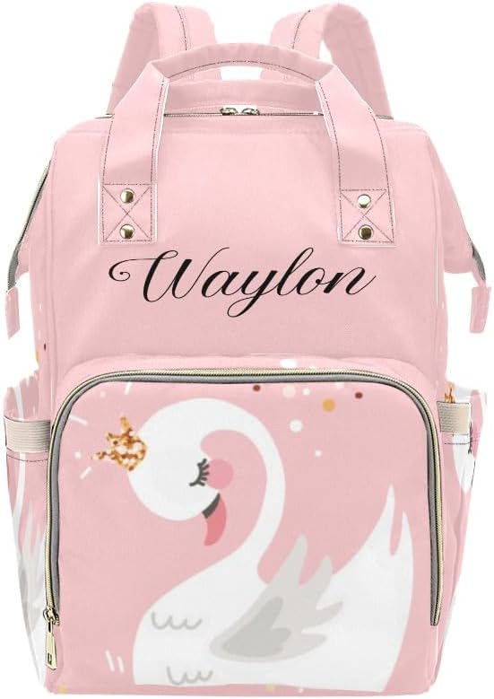 Love White Swans Personalized Diaper Bag Backpack Custom Name Text Backpack Nappy Bag Mommy Bag for Girl Boy