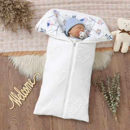 Image of Baby Winter Thick Swaddle Blankets Newborn Heart Dots Receiving Blanket Infant Soft Knit Warm Stroller Wraps for Baby Boys Girls (White)