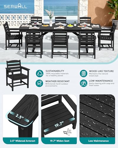 Image of SERWALL 10 Piece 84 inch HDPE Outdoor Dining Set for 8 with 15ft Double-Sided Umbrella, Black