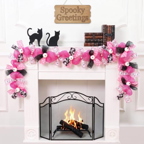 Pink Halloween Garland, Ghost Garland for Mantel, Farmhouse Halloween Decor | Cute Pink Ghost Decor with Pumpkins & Ribbons, Pastel Halloween Decorations for Mantel, Fireplace, Staircase & Entryway - image 2