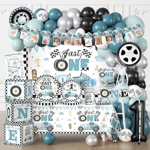 Fexivo 256pcs Fast One Birthday Decorations for Boys All-in-1 Supplies Pack with 20pcs Vintage Race Car and Car Themed Plates Napkins 2pcs Tablecloth for Fast One Birthday Decorations