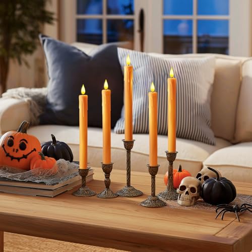Image of Homemory 6 Pcs Orange Flameless Taper Candles with Remote, Timer, Dimmer, Battery Operated CandleSticks with Flickering Light, Plastic Led Window Candles, for Halloween Decoration 9.6 Inches