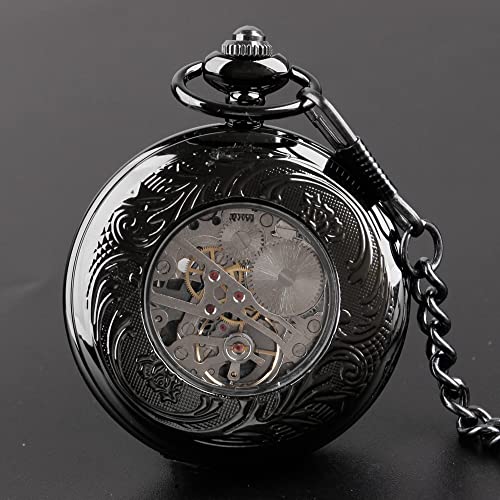Mechanical Pocket Watch Antique Roman Numerals Men's Pocket Watch, Black Skeleton Pocket Watch With Chain For Men #TOP4