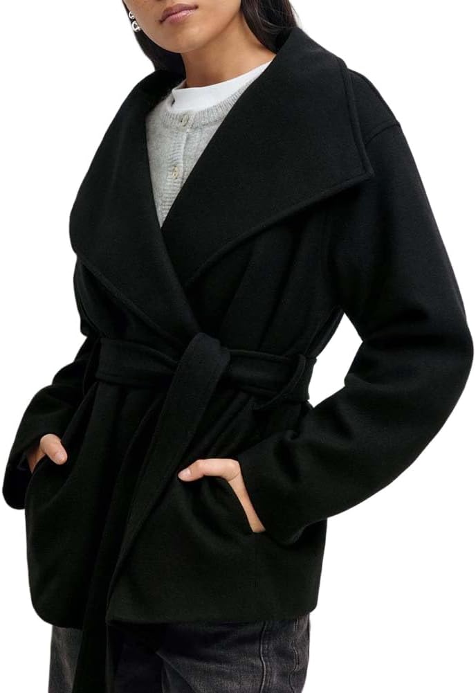 Mywinway Wool Coats for Women Fall Winter Casual Cropped Peacoat Lapel Collar Button Up Belted Short Trench Coat