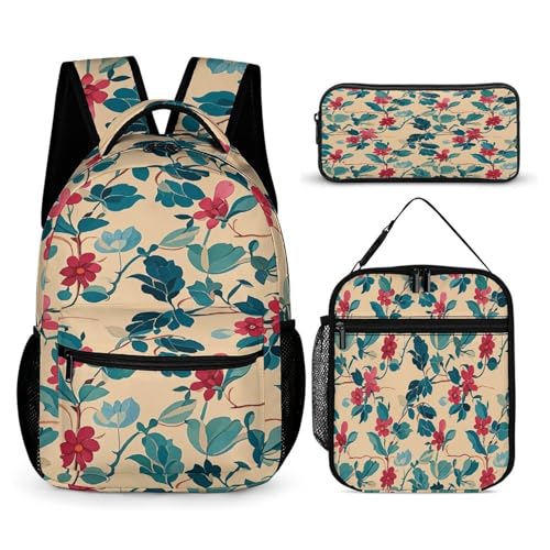 3Pcs Backpack Sets Floral Vine Print Travel Daypack 3 in 1 Lightweight Backpack Set with Lunch Bag And Cosmetic Bag