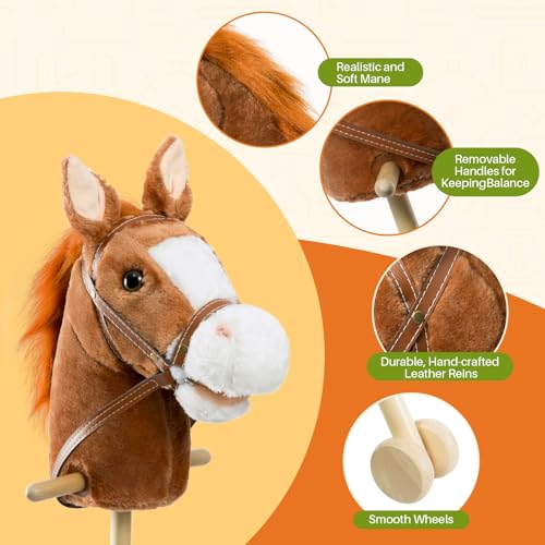 HollyHOME Stick Horse Plush Handcrafted Hobby Horse on a Stick with Wood Wheels Real Pony Neighing and Galloping Sounds for Kids Toddlers Dark Brown 36 Inches(AA Batteries Required) - Image 6