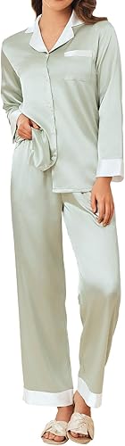 Ekouaer Silk Pajamas for Women Long Sleeve Satin Pajama Set Silky Pj Sets 2 Piece Button Down Loungewear Sleepwear - (color: Light Green, size: Medium)
