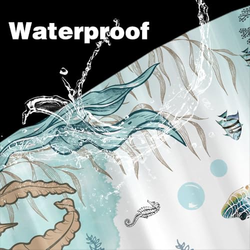 Image of Sea Turtle Shower Curtain, Funny Sea Animals Summer Nautical Shower Curtains for Kids, Teal Blue Ocean Beach Coastal Decorative Bathroom Curtain Sets Waterproof Fabric Machine Washable with Hooks