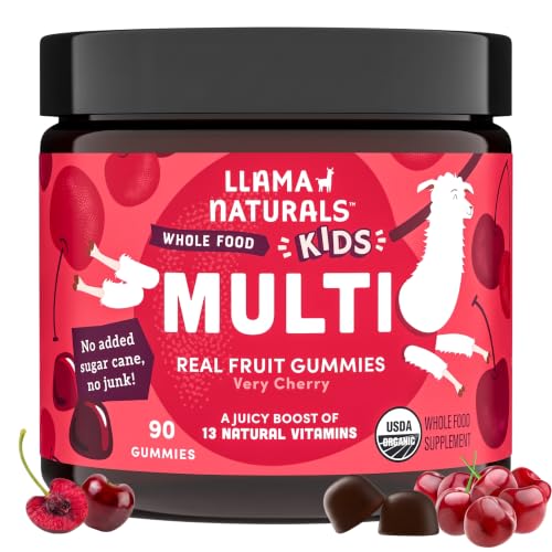 Llama Naturals Kids Multivitamin Gummies | Real Fruit No Added Sugar Cane | Organic Vegan Toddler Whole Food Vitamins | Vitamin D C & Beta Carotene Gummy Supplement | Cherry 90 Ct (1-2 Months)