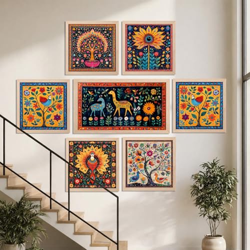 Image of NoWorries Colorful Folk Art Wall Frames Set 7 | Floral, Bird and Animal Art Prints with frames | Vibrant Ethnic Wall Decor for Living Room, Bedroom and Home Decoration
