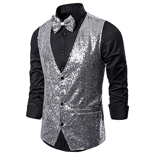 XUNRYAN Mens Sequin Vest Formal Business Vest for Suit or Tuxedo Shiny Sparkly Waistcoat Formal Wedding Suit Vintage Outfits