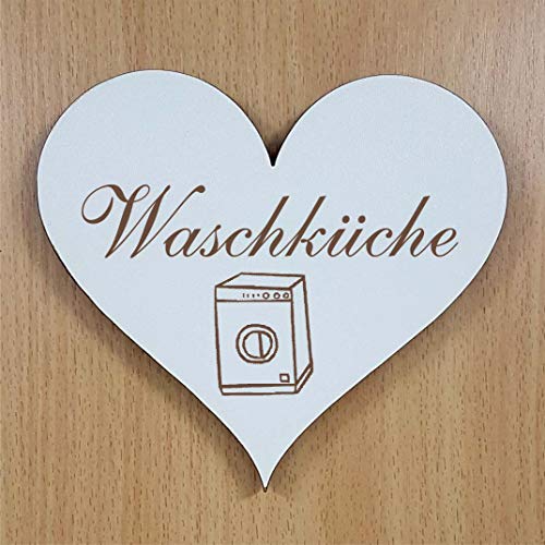 Schild Herz « WASCHKÜCHE » ca. 13 x 12 cm - mit Motiv WASCHMASCHINE - selbstklebendes Türschild Dekoschild Wohnaccessoires - Haushalt Wäscheraum