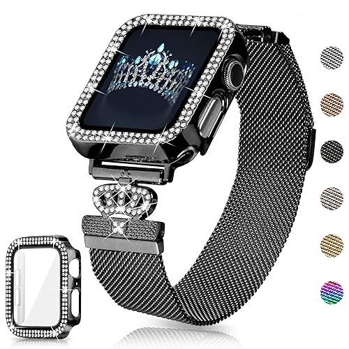 Magnetic Band Compatible with Apple Watch 38mm 40mm 41mm 42mm 44mm 45mm 46mm Stainless Steel Metal Strap with Bling Case and Built-in Screen Protector, Dressy Milanese Loop iWatch Bands for Women