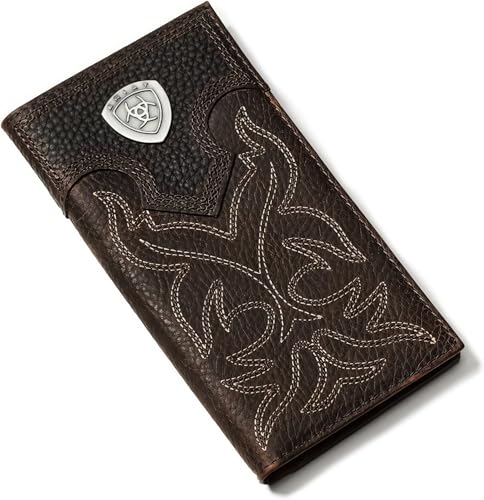 Ariat Men's Rodeo Wallet with Silver Shield Concho, Distressed Brown Top Grain Leather, Boot Stitching