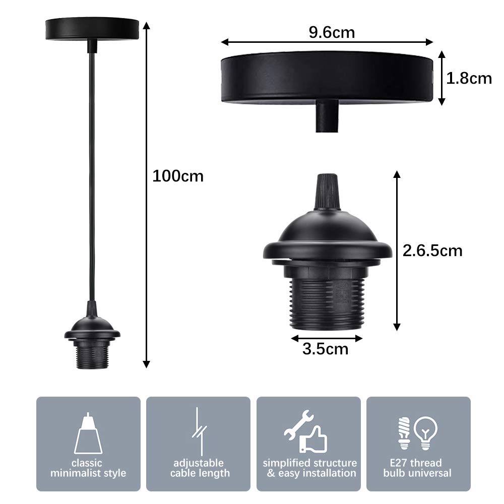EMAGEREN 2 Pack Black Pendant Light Fitting E27 Ceiling Rose Pendant Vintage Pendant Lamp Holder