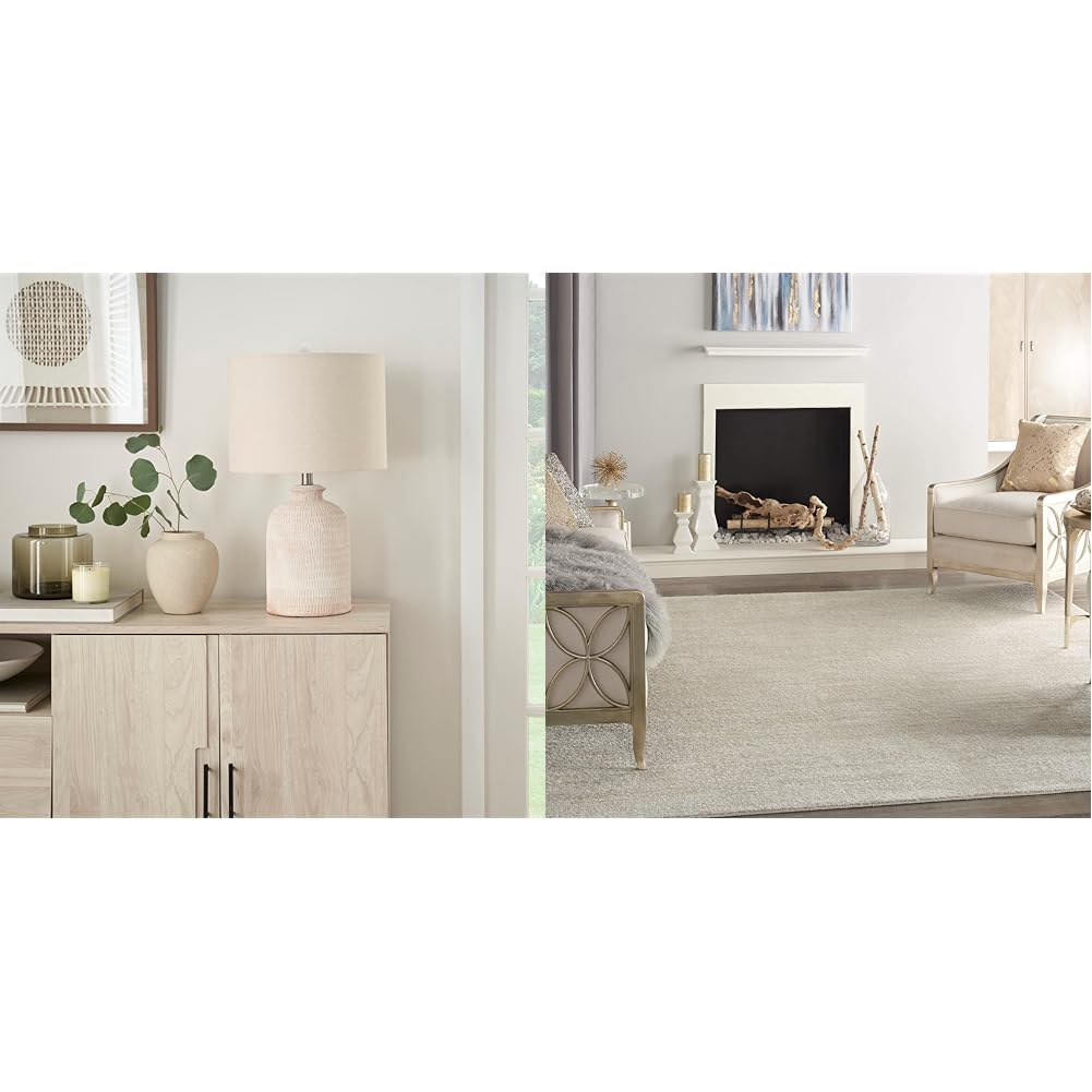 Nourison 24" White Washed Terracotta Farmhouse Textured Table Lamp & Essentials Indoor/Outdoor Ivory Beige 8' x 10' Area Rug, Easy Cleaning, Non Shedding