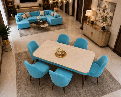 Image of WOODEN SPACE 6-Seater Wooden Dining Table Set | Nano Composite Marble Top | Solid Wood Base | Modern Dining Room Furniture with 6 Chairs (Sky Blue Grand Aura)